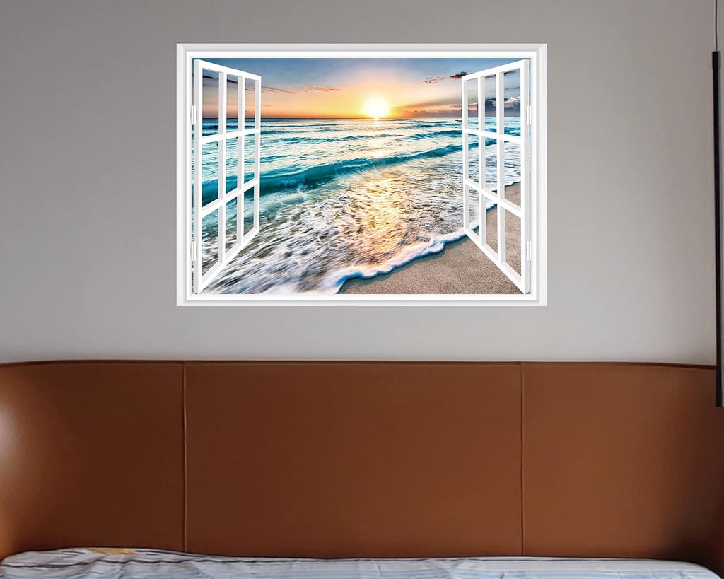 FLFK Fake Window Wall Sticker - Sunset Beach Faux Window Wall Mural for Wall Decor, Stick and Peel Wall Decals,48"x32",Set of 2 Sheets