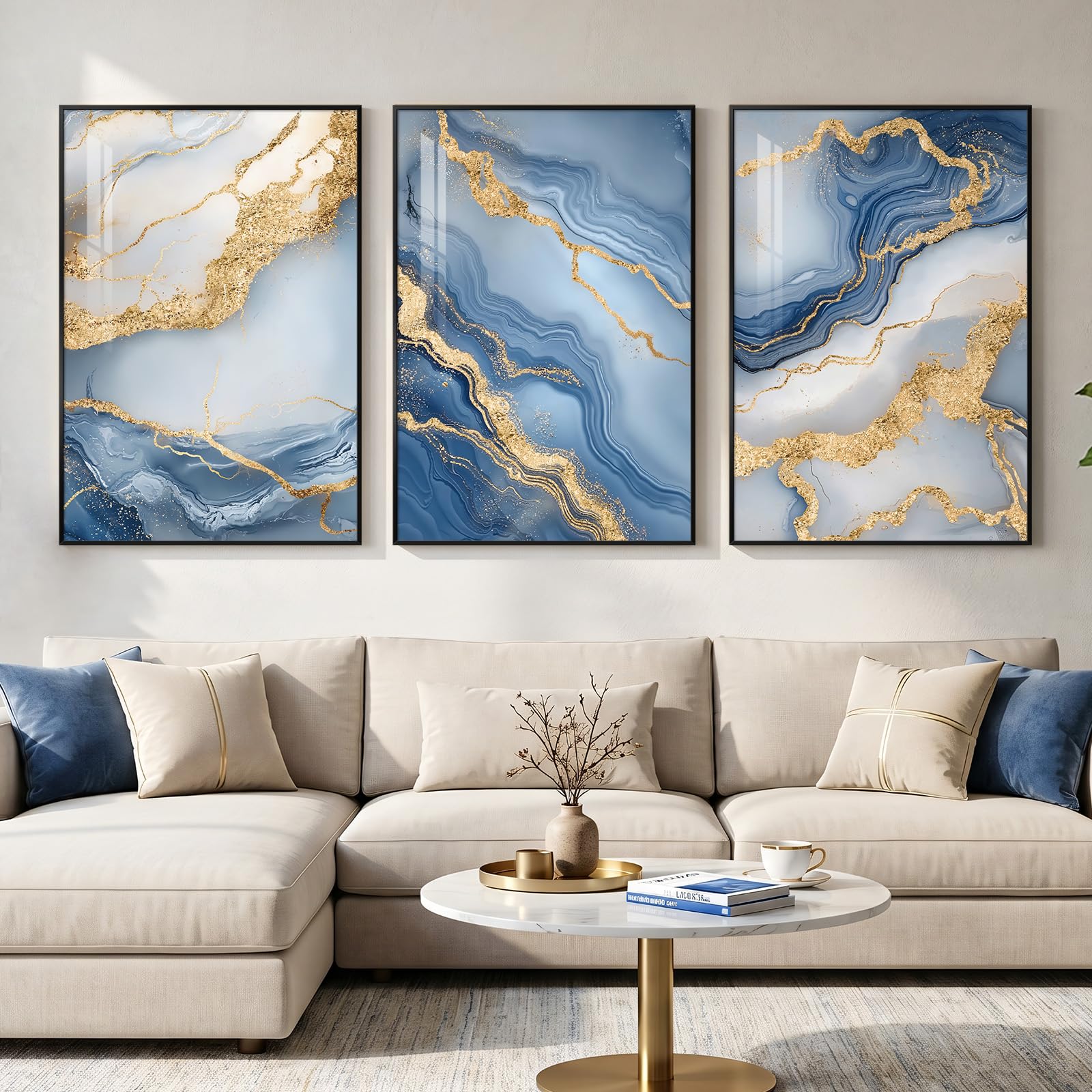 Large Framed Modern Elegant Abstract Wall Art for Living Room, 3 Piece Contemporary Blue and Gold Bright Prints Paintings Artwork for Walls, Luxury Pictures for Hallway Home Office Wall Decor 24x36 In