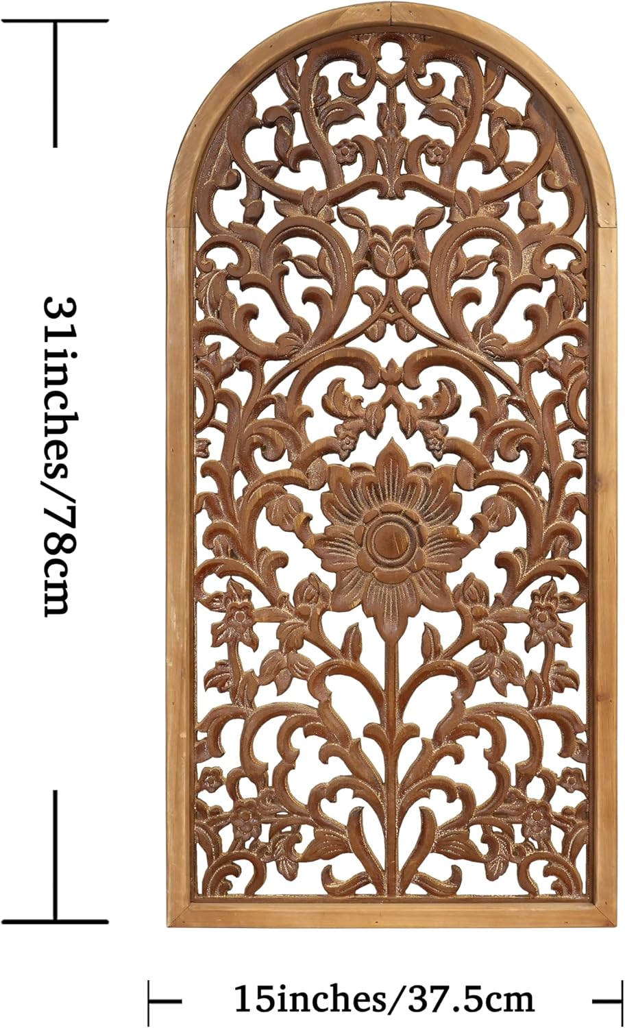 WREVERW Rustic Boho Arched Wood Wall Art, Hand-Carved Floral Panel with Distressed Brown Finish, Vintage Farmhouse Hanging Wall Sculpture for Living Room Bedroom Entryway, 15" x 31"