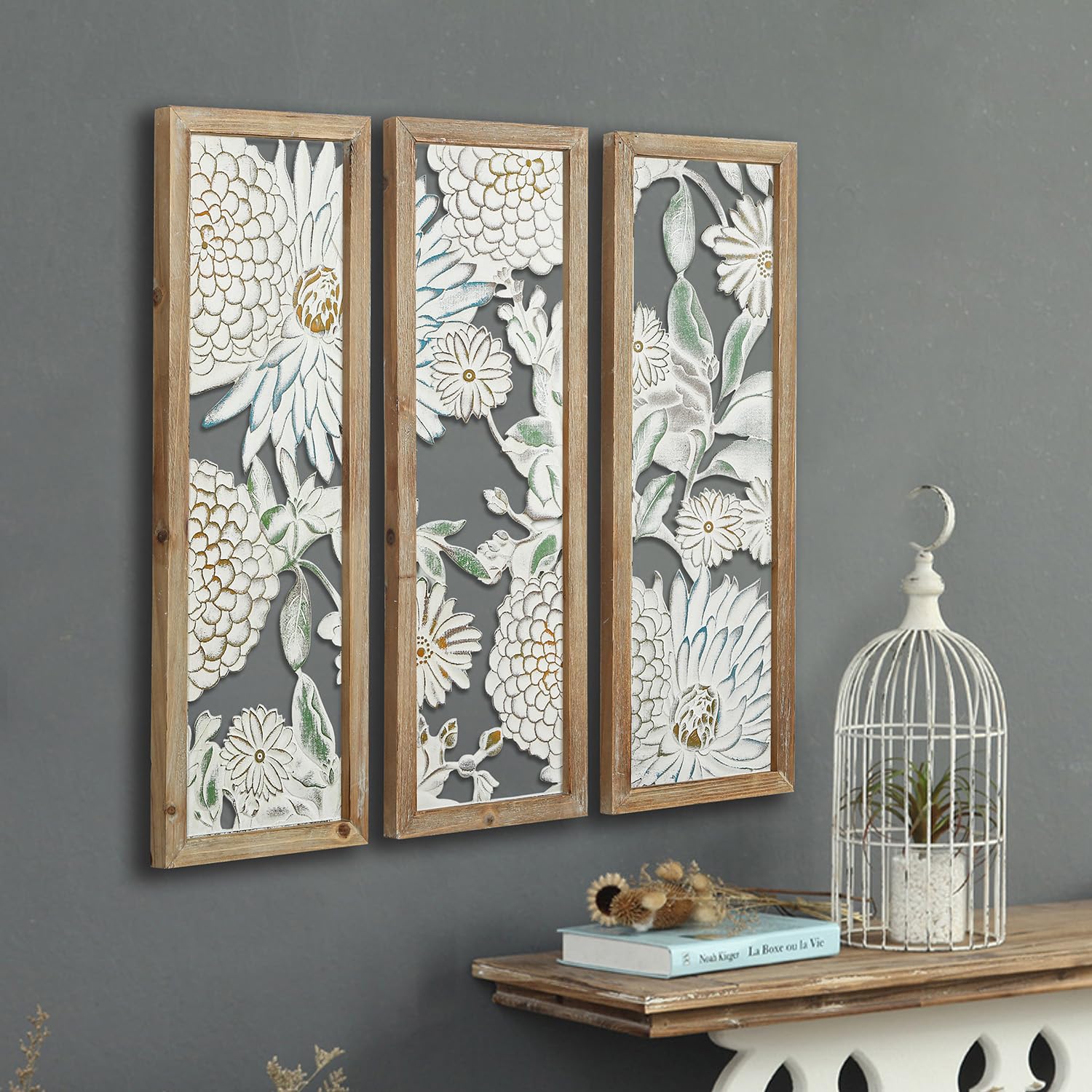 XIAOAIKA Hand Carved Boho Wood Wall Art - Decorative Large Wall Panels, Antique Distressed Wood Sculpture, Elegant Wall Decor Hanging Plaque, Suitable for Gifting (35.5 Inch, 3 Panels)