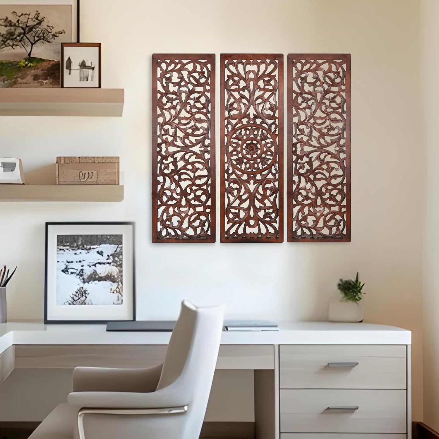 The Wooden Town Wall Hanging Plaques - Wall Plaque Wall Décor Plaques Set of 3-36 x 12 Inch - Burnt, Elegant Sculpture Wall Décor Panel to Enhance the Décor of Your Room or Office