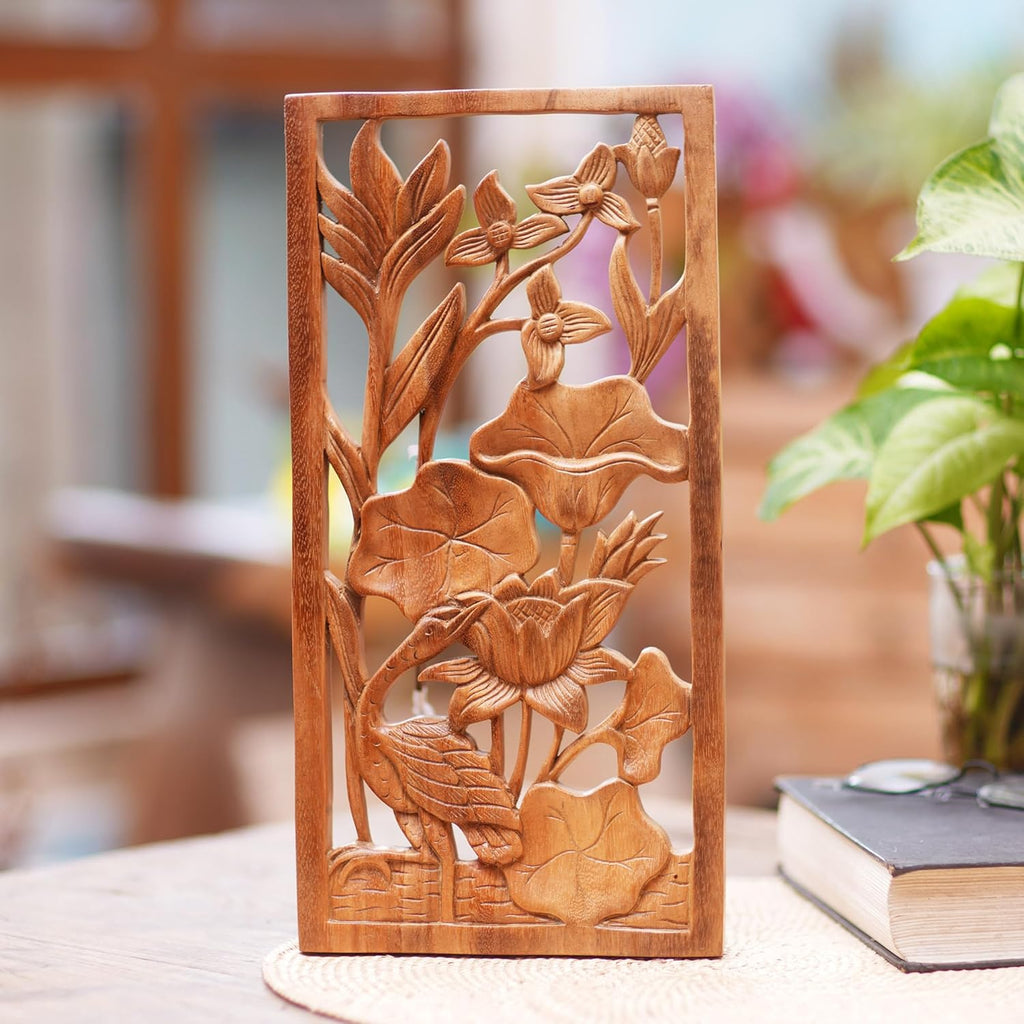 NOVICA Natural Wood Carved Relief Panel Heron and Flower Wall Sculpture, Heron Pond', Brown 7.50" x 15.25"