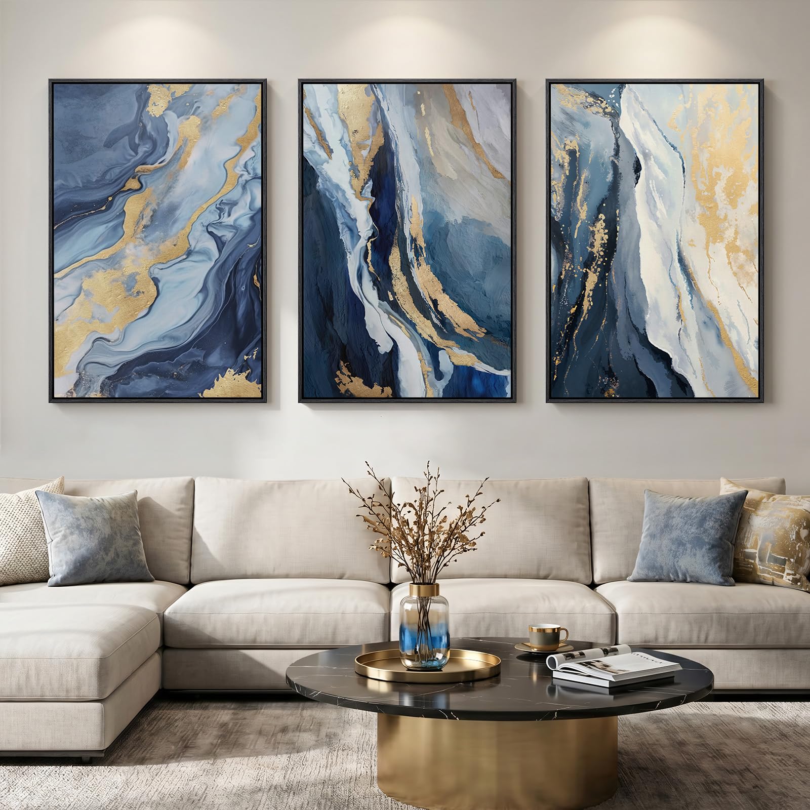 Large Framed Modern Elegant Abstract Wall Art for Living Room, 3 Piece Contemporary Blue and Gold Bright Prints Paintings Artwork for Walls, Luxury Pictures for Hallway Home Office Wall Decor 24x36 In