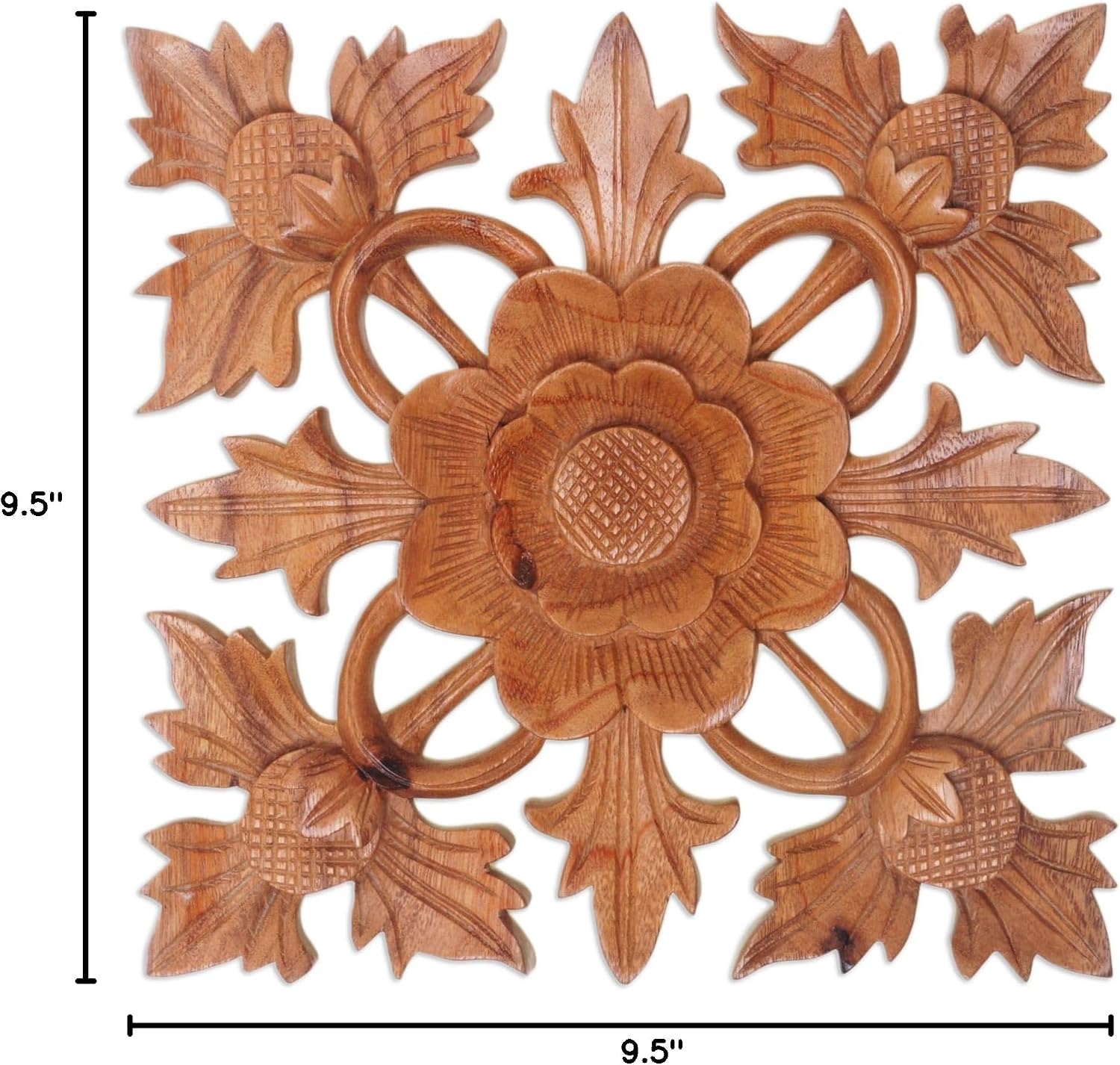 NOVICA Artisan Handcarved Wood Wall Relief Panel of Lotus Blossom Brown Indonesia Decor Panels Floral Balinese Traditional Carvings [9.5in H x 9.5in W x 0.8in D] ' Lotus Shield'