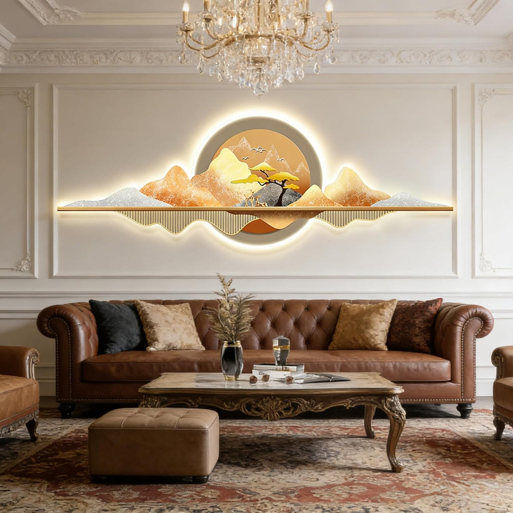 wihgony 3D LED Mountain Wall Art, Modern Luxury Chinese Style Wall Decor, Crystal Porcelain Frameless 3D Wall Sculpture with LED Light for Living Room Bedroom(E,150 * 50cm/59.1 * 19.7in)