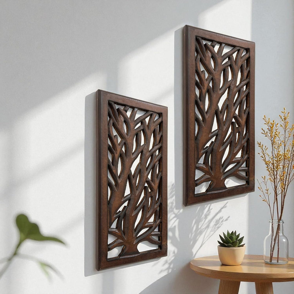 Wood Wall Art -Wall Panels in Handcrafted Carved Wood For Livingroom Bedroom,Dining room,Elegant Decorative Wall Art for Home & Office 8x16" Set of 2 Burnt Brown_Tree Leaf Designs