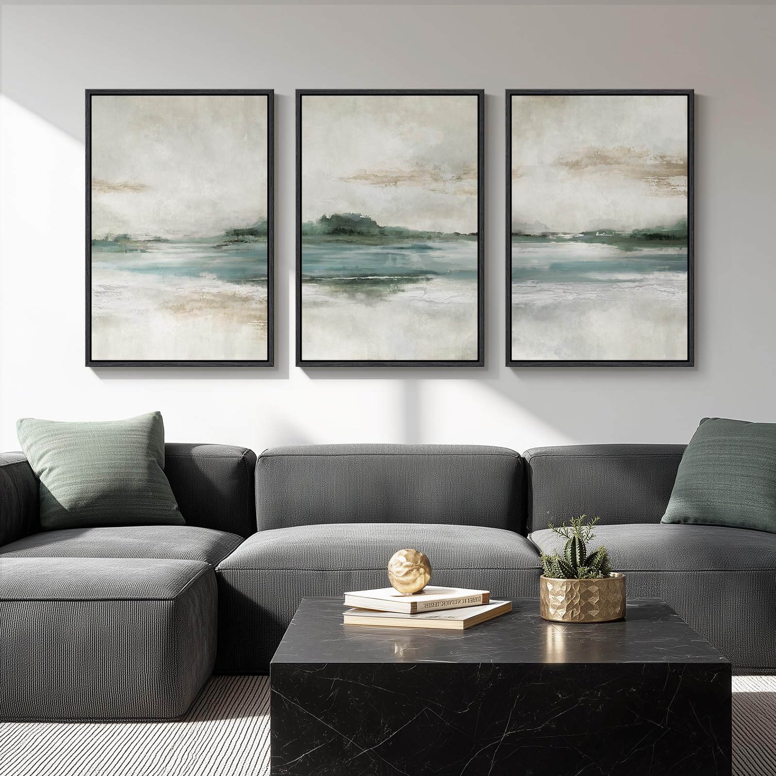 Large Framed Modern Elegant Abstract Wall Art for Living Room, 3 Piece Contemporary Blue and Gold Bright Prints Paintings Artwork for Walls, Luxury Pictures for Hallway Home Office Wall Decor 24x36 In