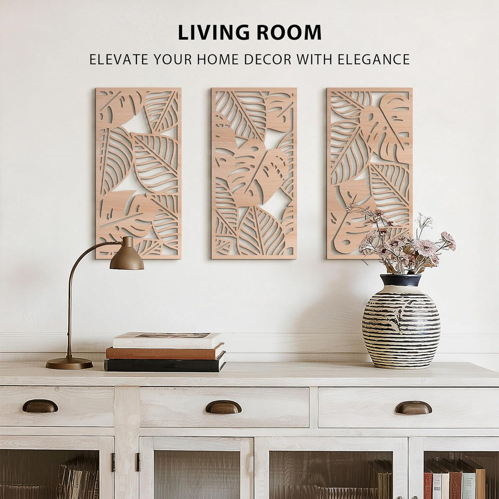 VIYYIEA Boho Solid Wood Carved Wall Art Set of 3, Geometric Minimalist Wooden Home Decor Panels, Handcrafted Solid Wood Wall Hanging for Living Room Bedroom Hallway, 16 x 8 Inch Each (Leaves Oak)