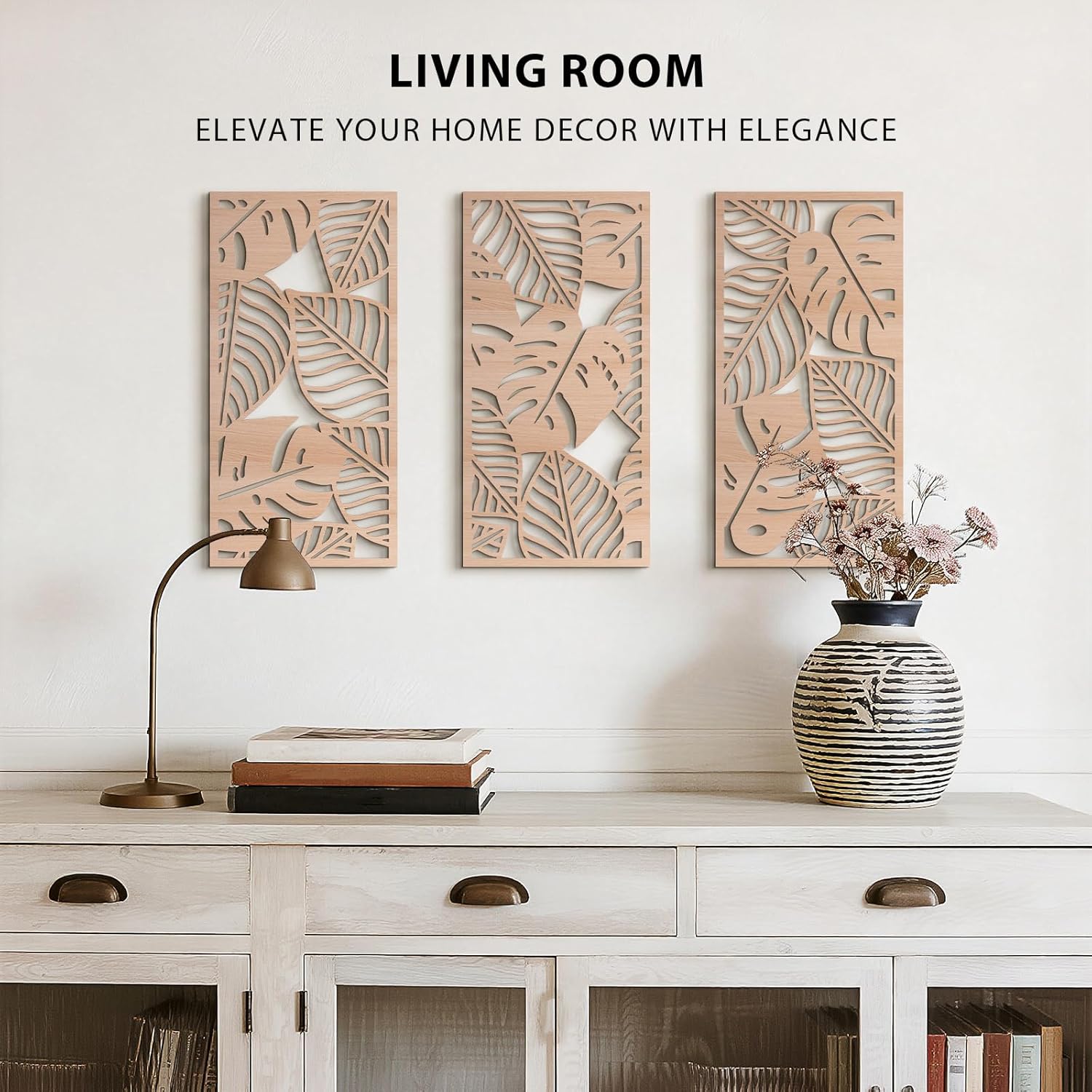 VIYYIEA Boho Solid Wood Carved Wall Art Set of 3, Geometric Minimalist Wooden Home Decor Panels, Handcrafted Solid Wood Wall Hanging for Living Room Bedroom Hallway, 16 x 8 Inch Each (Leaves Oak)