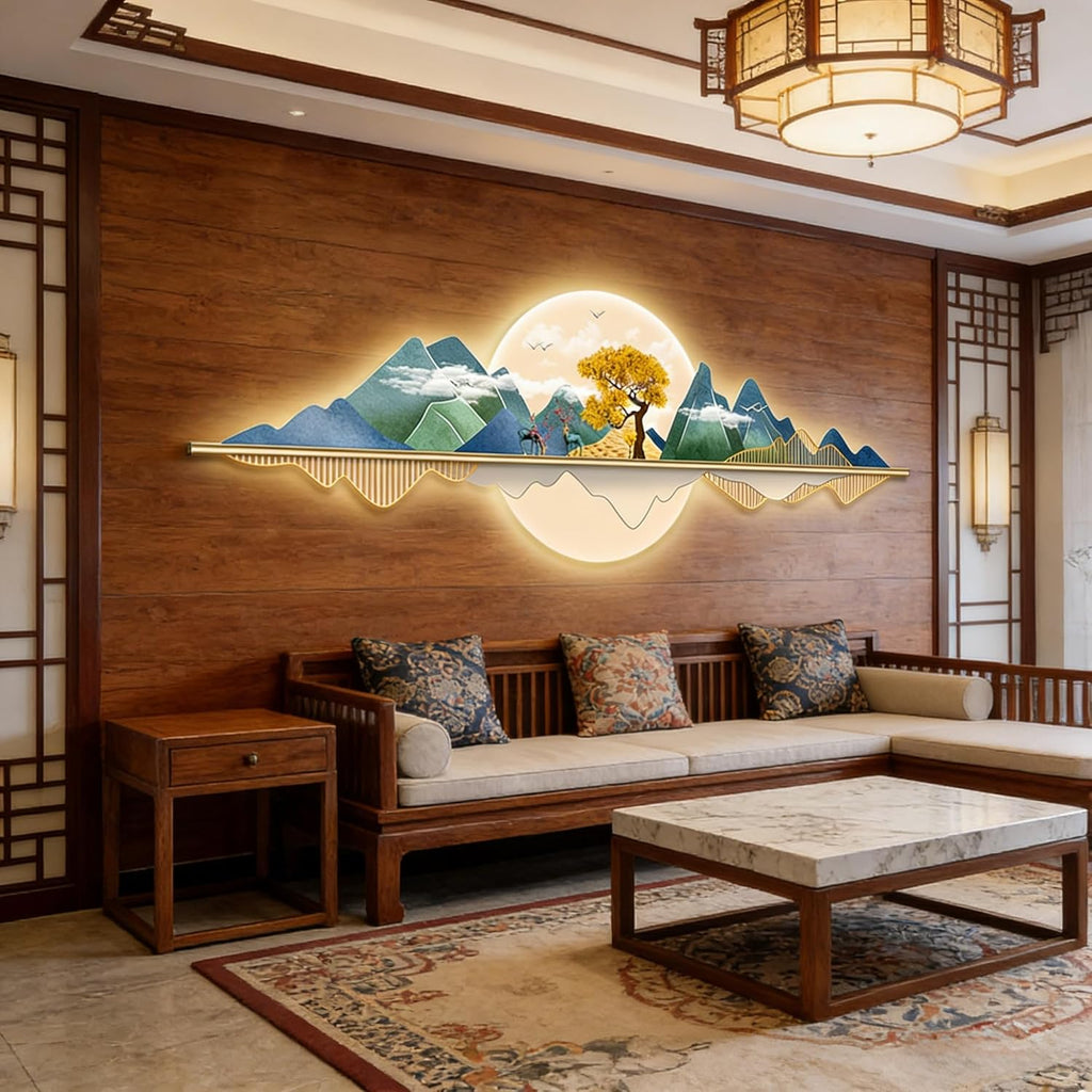 wihgony 3D LED Mountain Wall Art, Modern Luxury Chinese Style Wall Decor, Crystal Porcelain Frameless 3D Wall Sculpture with LED Light for Living Room Bedroom(E,150 * 50cm/59.1 * 19.7in)