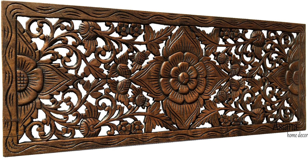 Lotus Carved Teak Wood Wall Art Panel. Asian Inspired Home Decor. Wood Carved Floral Wall Hanging. Size 35.5"x13.5" (Dark Brown)