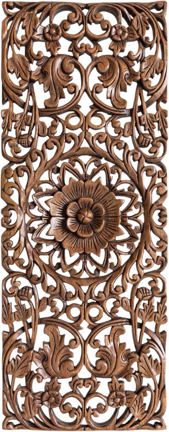 Sculpted Wall Art Wooden Panel Hand Carved Floral Feng Shui Home Decoration Wood Artworks from Chiang Mai Thailand 36x14 inches