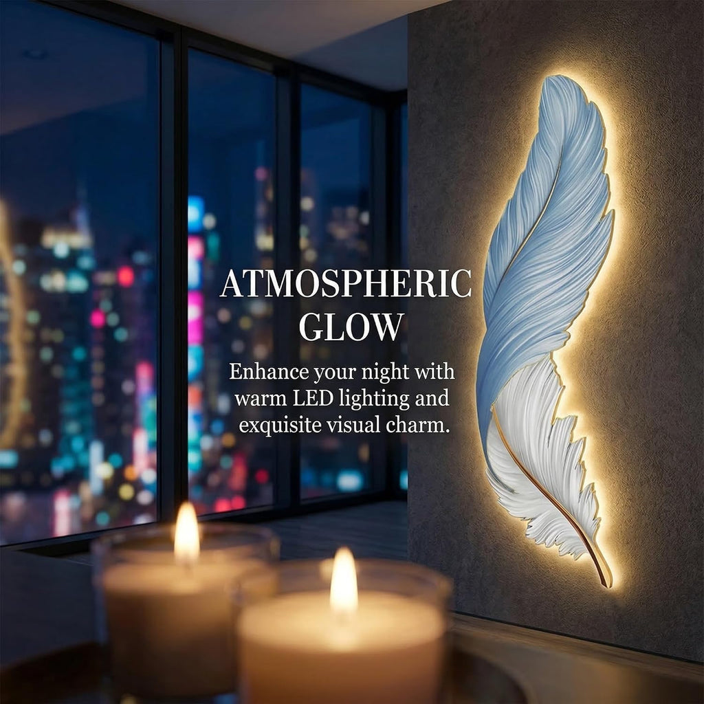 wihgony 3D Feather LED Wall Art with Plug-in Lighting, Modern Luxury Wall Decor for Entryway, Living Room & Bedroom(A,42x80cm/16.5x31.5in)