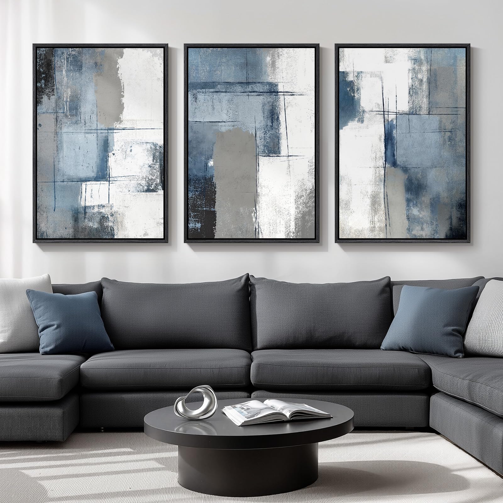 Large Framed Modern Elegant Abstract Wall Art for Living Room, 3 Piece Contemporary Blue and Gold Bright Prints Paintings Artwork for Walls, Luxury Pictures for Hallway Home Office Wall Decor 24x36 In