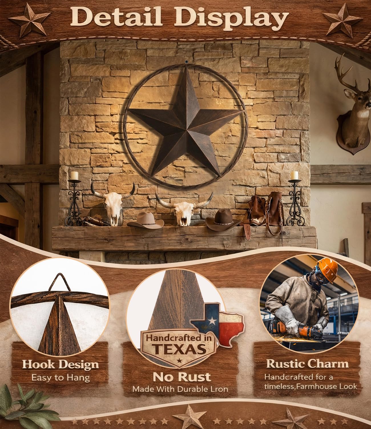 Ontrip 24" Metal Barn Star Wall Decor, Rustic Western Lone Star Metal Wall Art, Powder-Coated Iron, Indoor/Outdoor Porch Patio Fence Fireplace Farmhouse Decor, Housewarming Gift