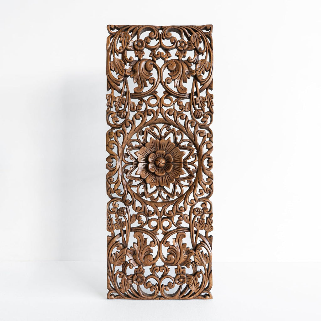 Sculpted Wall Art Wooden Panel Hand Carved Floral Feng Shui Home Decoration Wood Artworks from Chiang Mai Thailand 36x14 inches