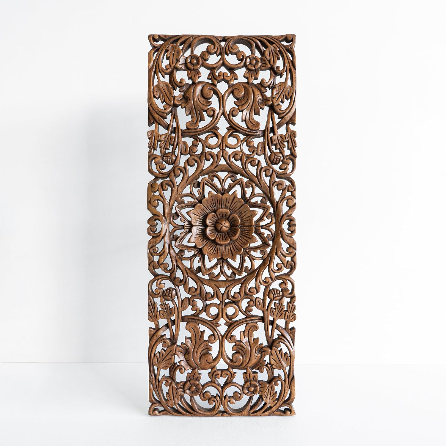 Sculpted Wall Art Wooden Panel Hand Carved Floral Feng Shui Home Decoration Wood Artworks from Chiang Mai Thailand 36x14 inches
