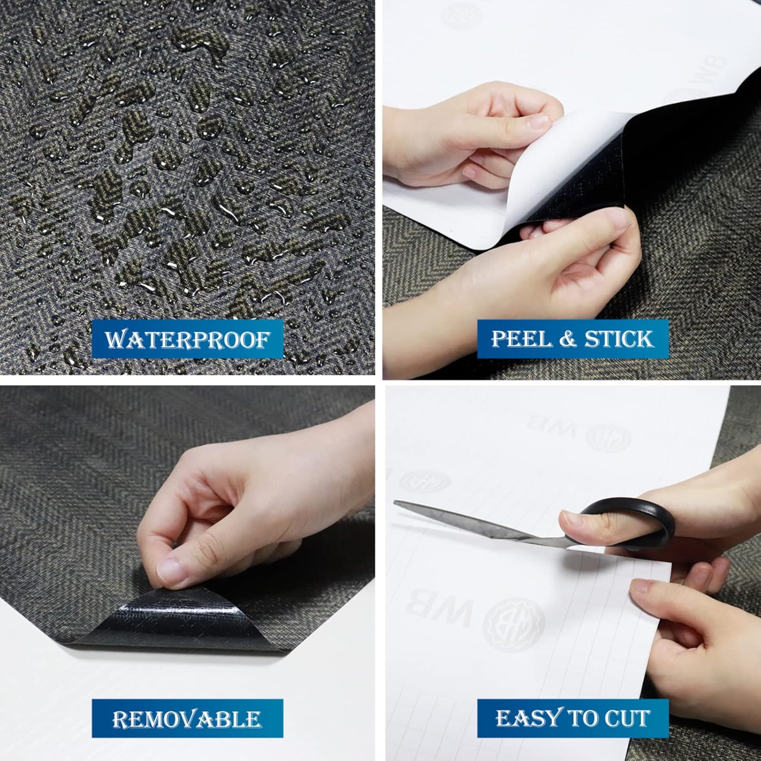 FunStick 24"x394" Black and Gold Grasscloth Peel and Stick Wallpaper Textured Black Contact Paper for Cabinets Removable Linen Fabric Geometric Wall Paper for Bedroom Bathroom Accent Wall Desk Renters