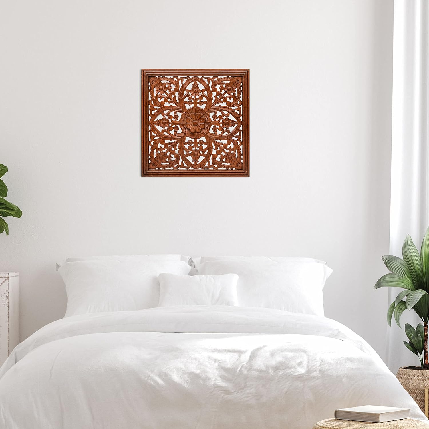 Homebia Designs Handmade Carved Wooden Wall Hanging Plaque 24x24 Inch Elegant Beautiful Floral Design Decorative Wall Art Panel for Farmhouse Living Room Bedroom Home Office - 1 Pack - Burnt