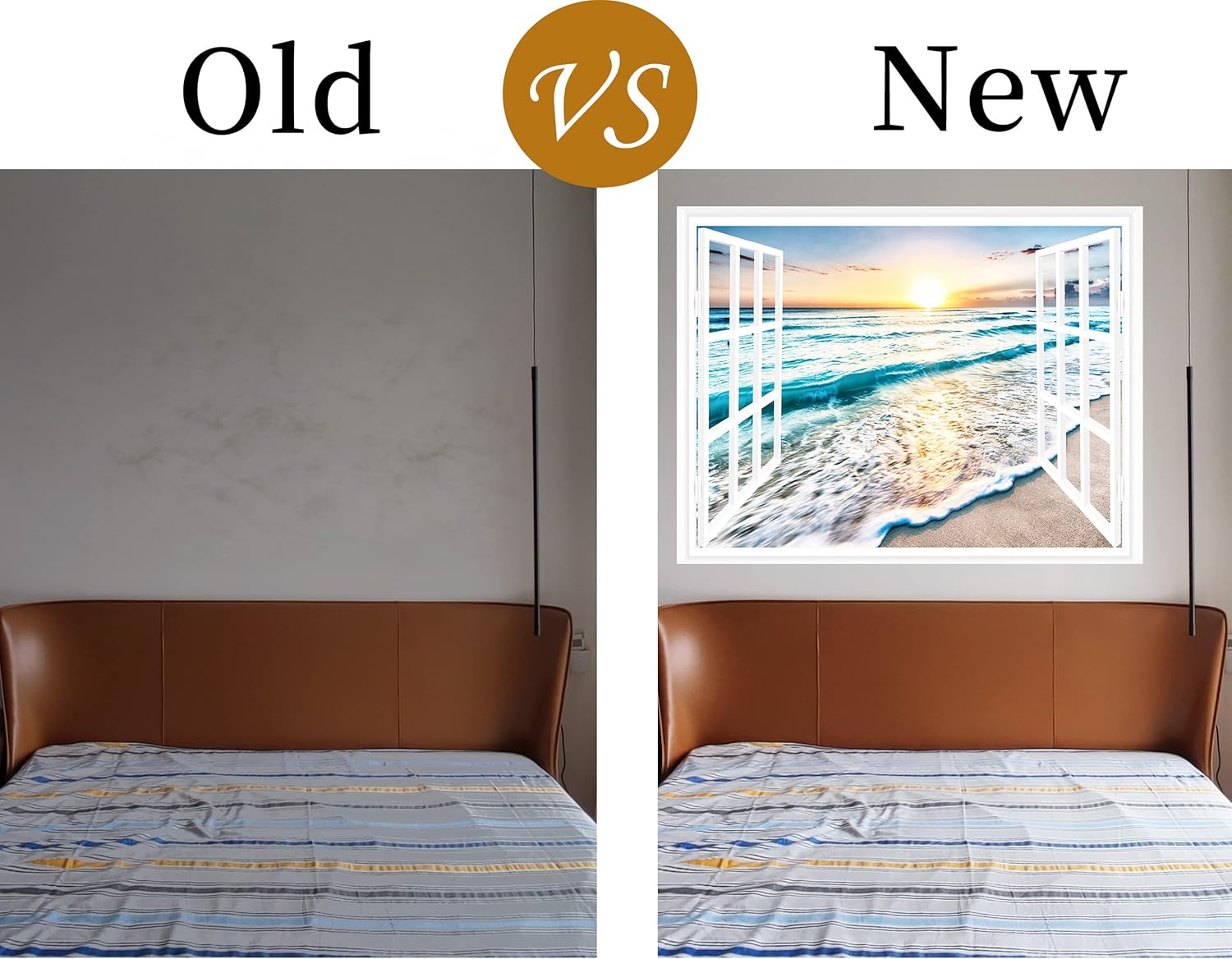 FLFK Fake Window Wall Sticker - Sunset Beach Faux Window Wall Mural for Wall Decor, Stick and Peel Wall Decals,48"x32",Set of 2 Sheets