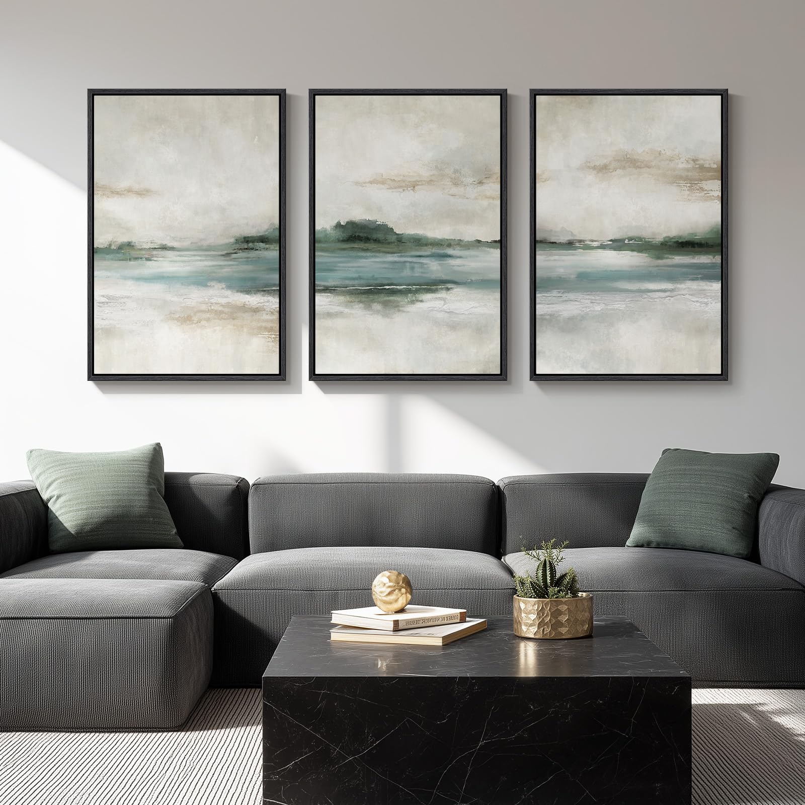 Large Framed Modern Elegant Abstract Wall Art for Living Room, 3 Piece Contemporary Blue and Gold Bright Prints Paintings Artwork for Walls, Luxury Pictures for Hallway Home Office Wall Decor 24x36 In