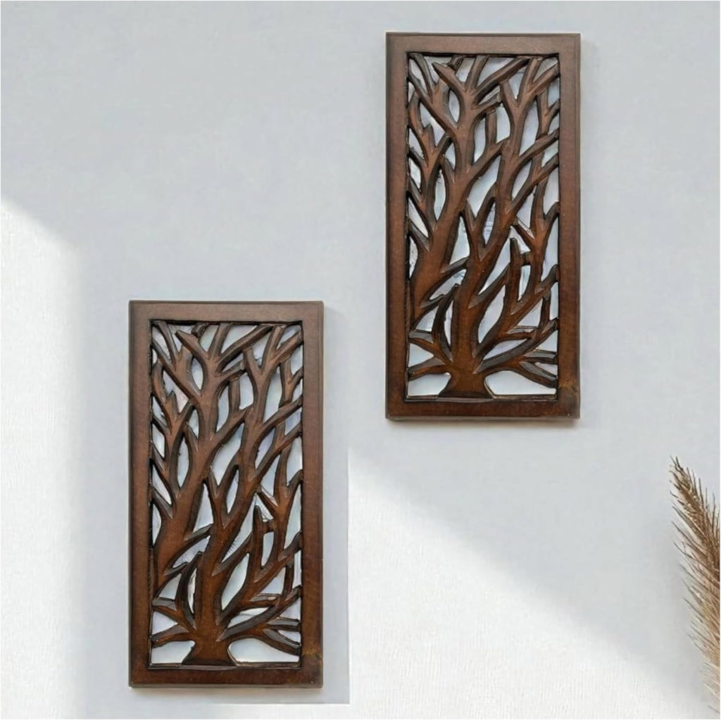Wood Wall Art -Wall Panels in Handcrafted Carved Wood For Livingroom Bedroom,Dining room,Elegant Decorative Wall Art for Home & Office 8x16" Set of 2 Burnt Brown_Tree Leaf Designs