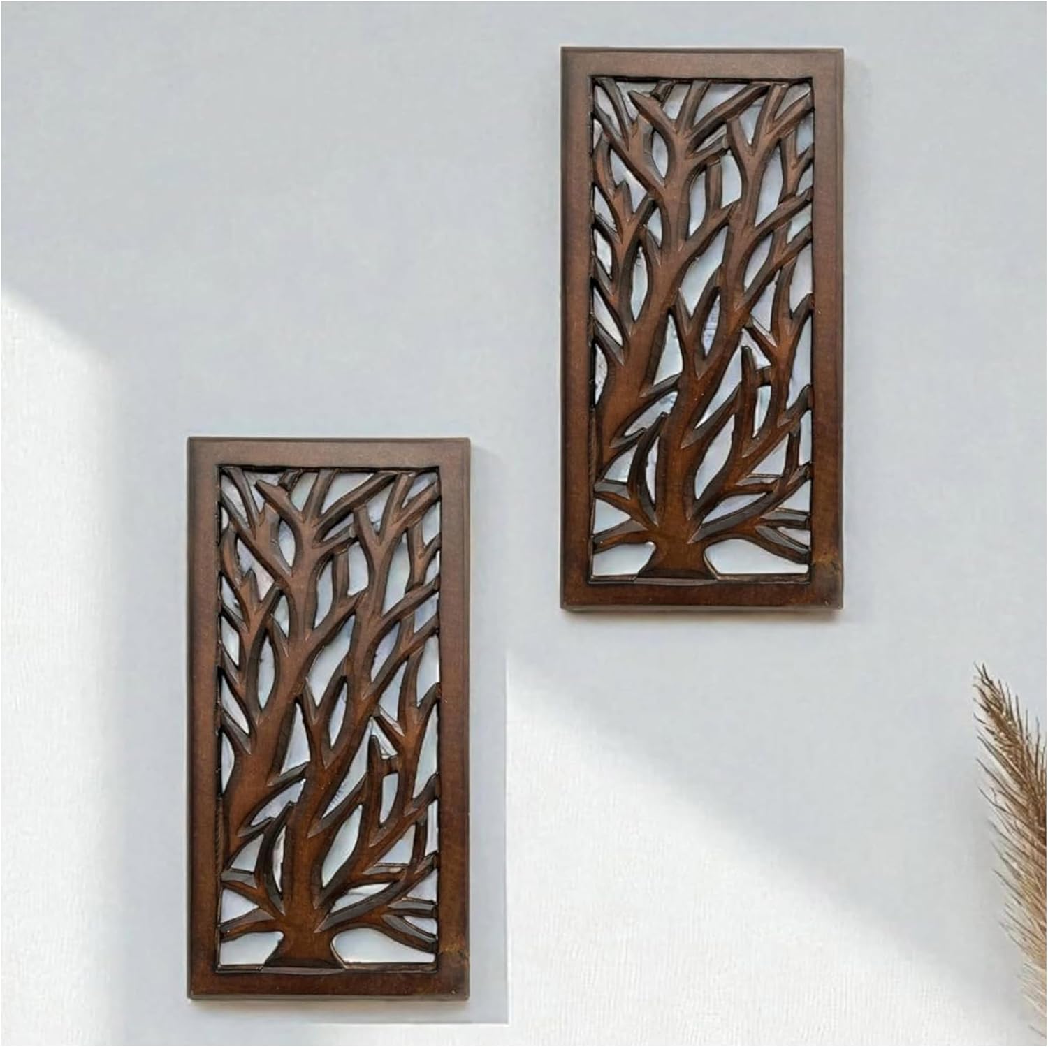 Wood Wall Art -Wall Panels in Handcrafted Carved Wood For Livingroom Bedroom,Dining room,Elegant Decorative Wall Art for Home & Office 8x16" Set of 2 Burnt Brown_Tree Leaf Designs