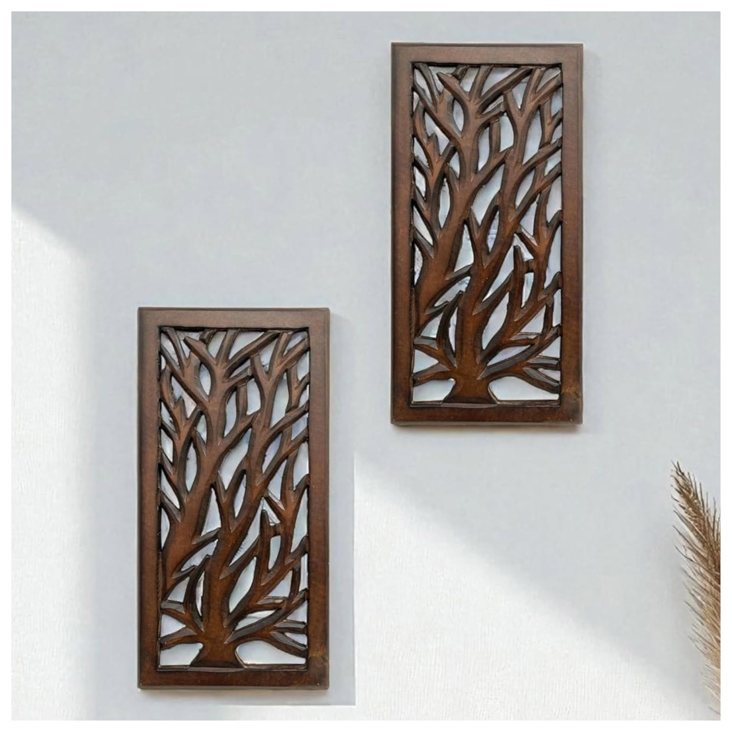 Wood Wall Art -Wall Panels in Handcrafted Carved Wood For Livingroom Bedroom,Dining room,Elegant Decorative Wall Art for Home & Office 8x16" Set of 2 Burnt Brown_Tree Leaf Designs