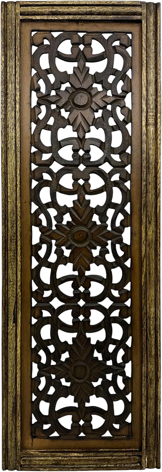 Floral Hand Carved Wooden Wall Panels Set of 2, Rustic Brown Decorative Wall Art for Living Room, Bedroom, Hallway & Home Décor, Vintage Rustic Finish Handmade Wooden Hanging Panels
