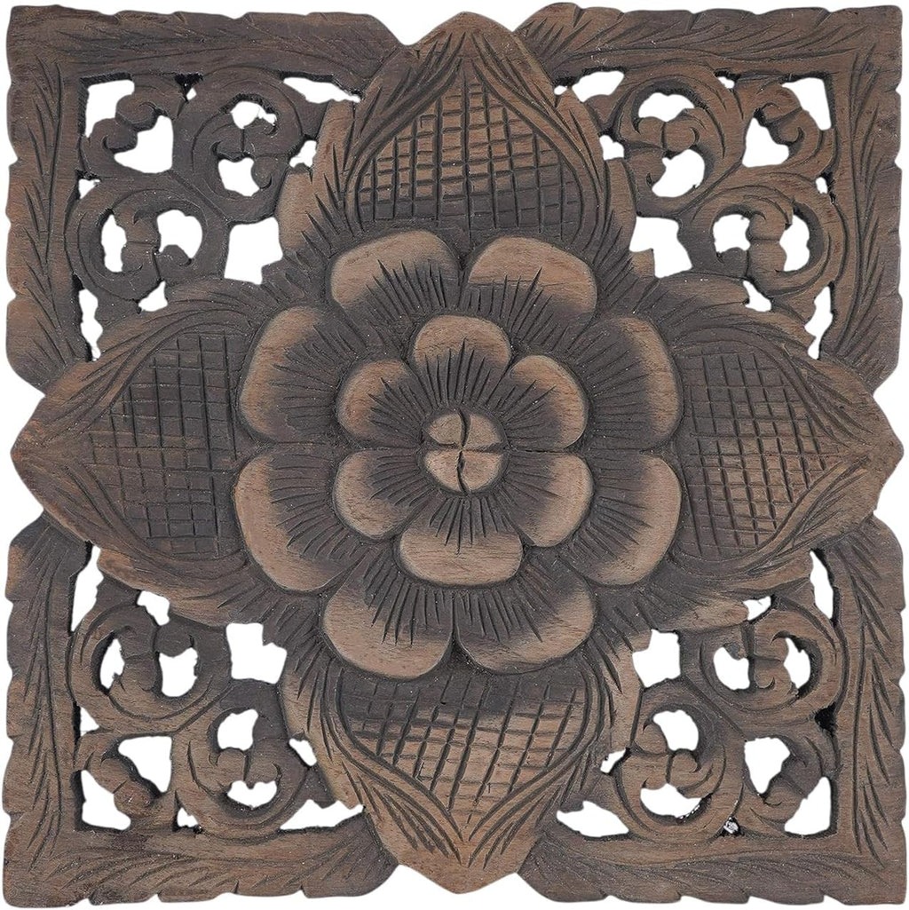 Farmhouse Small Square Wood Carving Panel, Black Wash Painted Wall Art Hanging, 12 inches