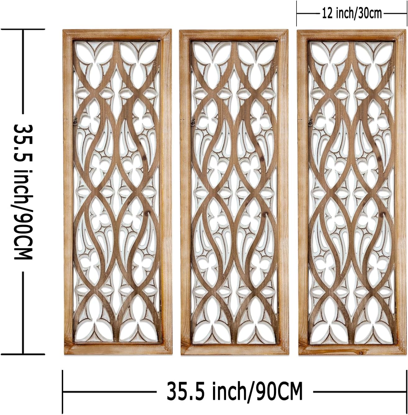 XIAOAIKA Hand Carved Boho Wood Wall Art - Decorative Large Wall Panels, Antique Distressed Wood Sculpture, Elegant Wall Decor Hanging Plaque, Suitable for Gifting (35.5 Inch, 3 Panels)