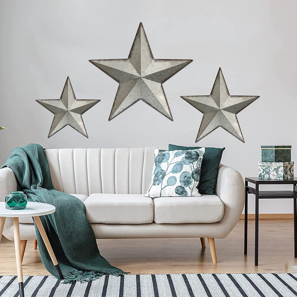 COLLECTIVE HOME - 3 Pcs Metal Barn Star, Galvanized Hanging Wall Decor, Farmhouse Wall Sculpture, 3D 13/11/9.5 Inch Wall Art for Office Living Room Bedroom (Galvanized Star)