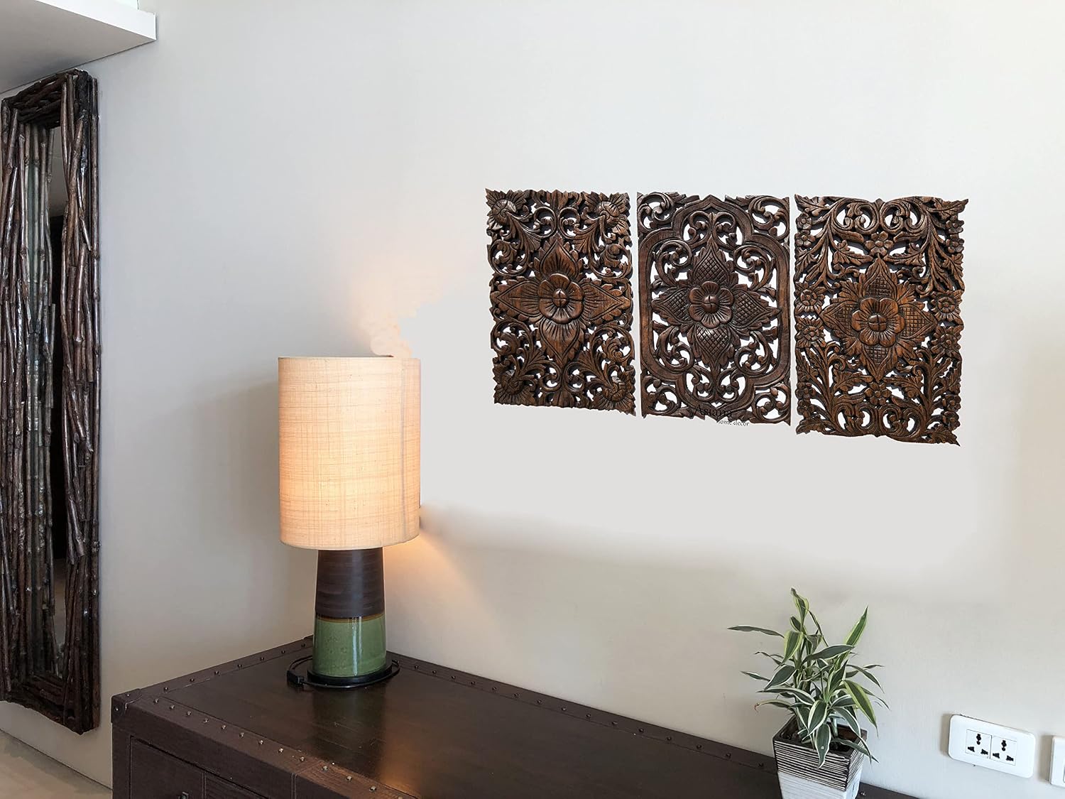 Set of 3. Wall Art Wood Carved Panel Floral Design. Tropical Wall Decor in Size 12"x17.5"x0.5" (Dark Brown)