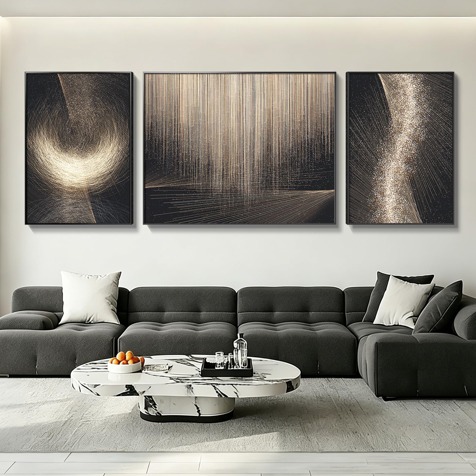 Azartslr Large Framed Modern Black Wall Art, Luxury 3 Pieces Aluminum Alloy Wall Decor for Living Room, Abstract Gray and White Home Bedroom Art Painting, Geometric Crystal Porcelain Artwork Dining Room Pictures Decoration 67''W x 24''H (Total)