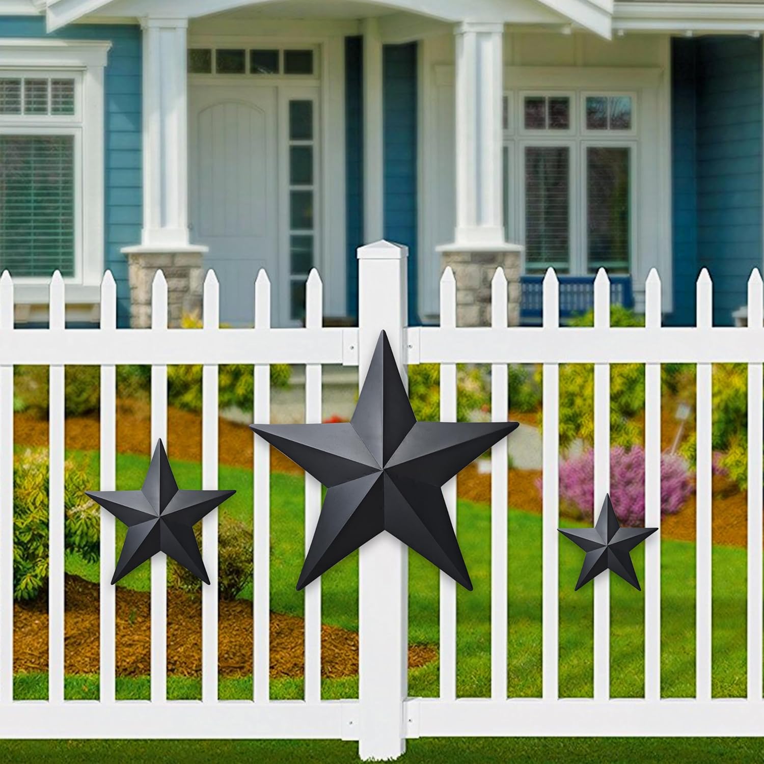 COOZZYHUOR 6"9”12" Metal Barn Star Wall Decor,Texas Stars Art,Rustic Vintage Western Country Farmhouse Home Indoor or Outdoor Decoration,Set of 3（Black）