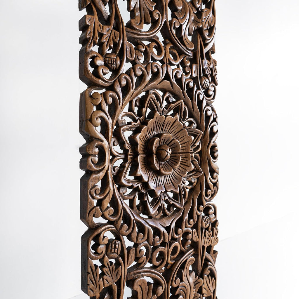 Sculpted Wall Art Wooden Panel Hand Carved Floral Feng Shui Home Decoration Wood Artworks from Chiang Mai Thailand 36x14 inches