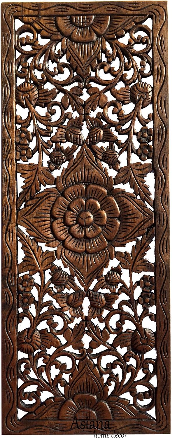 Lotus Carved Teak Wood Wall Art Panel. Asian Inspired Home Decor. Wood Carved Floral Wall Hanging. Size 35.5"x13.5" (Dark Brown)