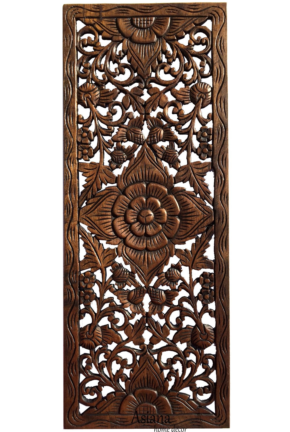 Lotus Carved Teak Wood Wall Art Panel. Asian Inspired Home Decor. Wood Carved Floral Wall Hanging. Size 35.5"x13.5" (Dark Brown)