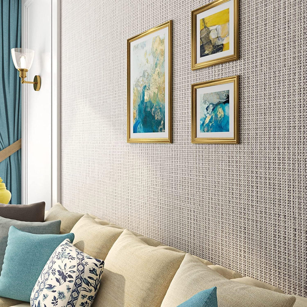 FunStick 24"x200" Grey Grasscloth Peel and Stick Wallpaper for Bathroom Waterproof Linen Fabric Wall Paper Textured Self Adhesive Geometric Wallpaper Removable Contact Paper for Cabinets Walls Drawers