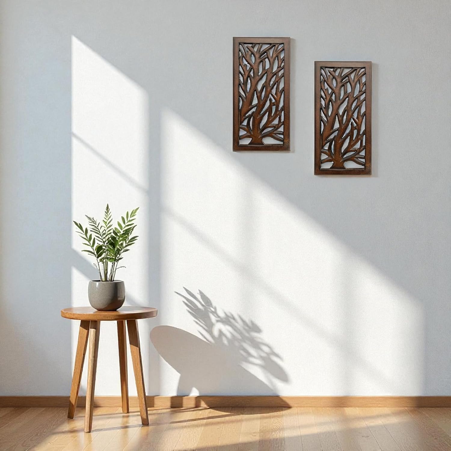 Wood Wall Art -Wall Panels in Handcrafted Carved Wood For Livingroom Bedroom,Dining room,Elegant Decorative Wall Art for Home & Office 8x16" Set of 2 Burnt Brown_Tree Leaf Designs