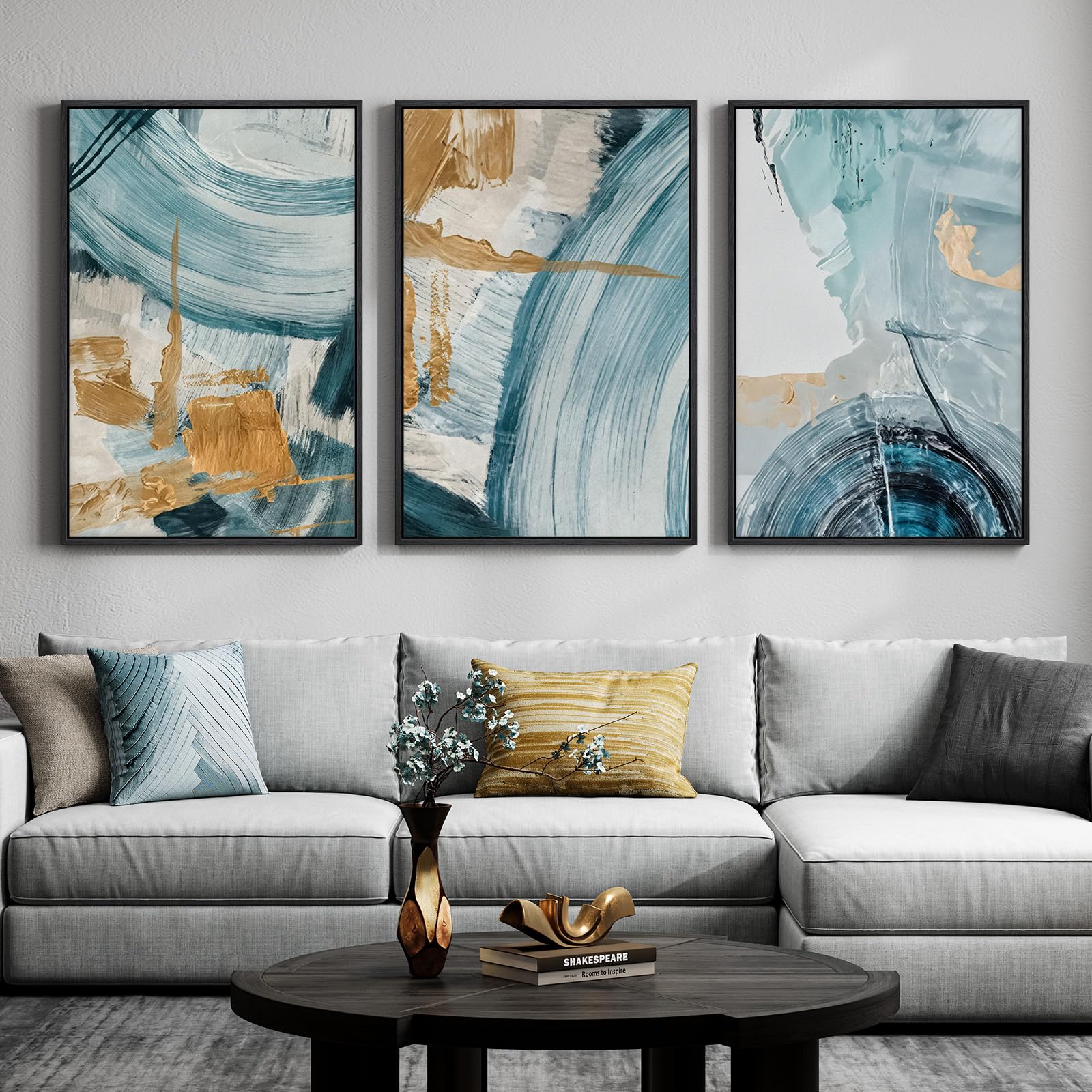 Large Framed Modern Elegant Abstract Wall Art for Living Room, 3 Piece Contemporary Blue and Gold Bright Prints Paintings Artwork for Walls, Luxury Pictures for Hallway Home Office Wall Decor 24x36 In