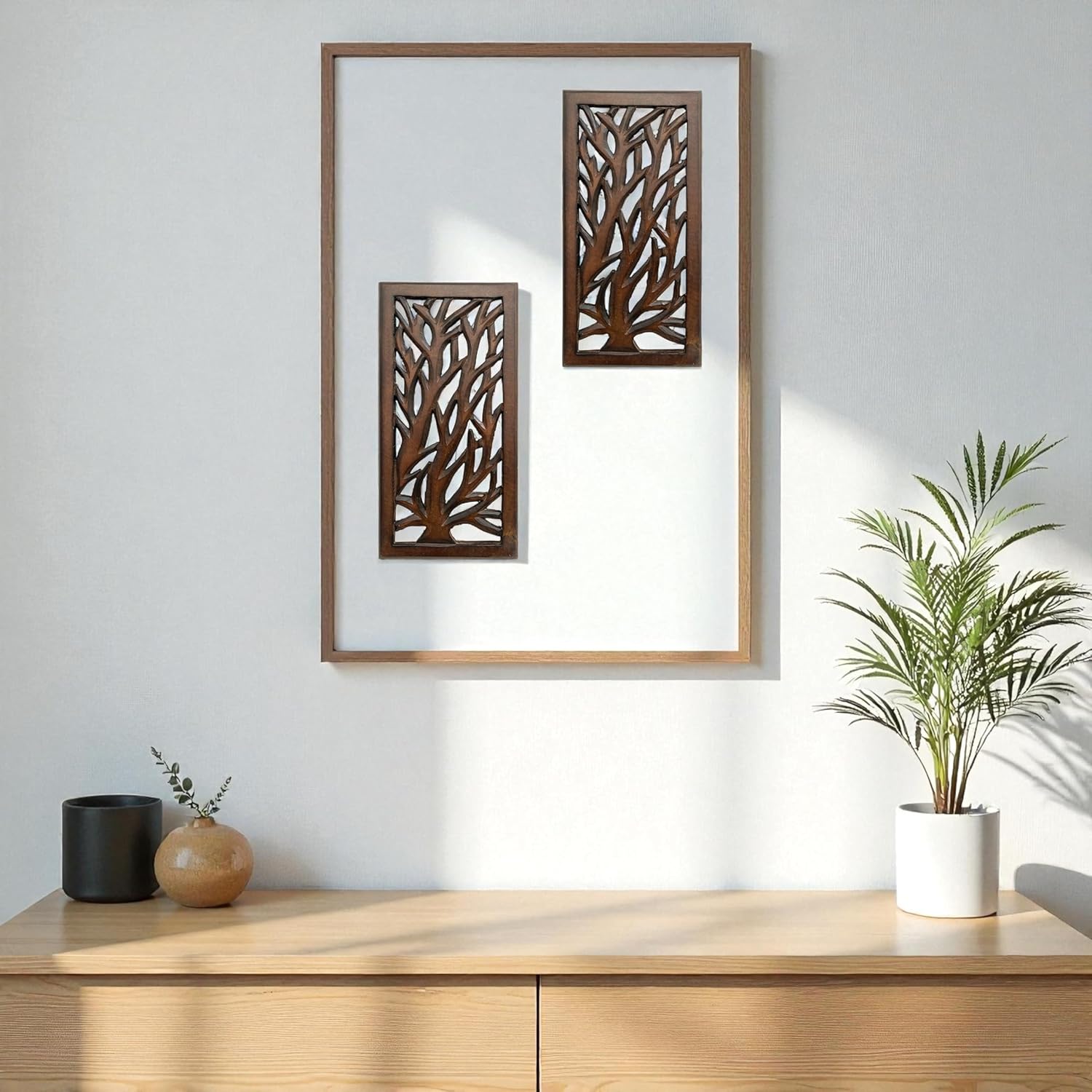 Wood Wall Art -Wall Panels in Handcrafted Carved Wood For Livingroom Bedroom,Dining room,Elegant Decorative Wall Art for Home & Office 8x16" Set of 2 Burnt Brown_Tree Leaf Designs