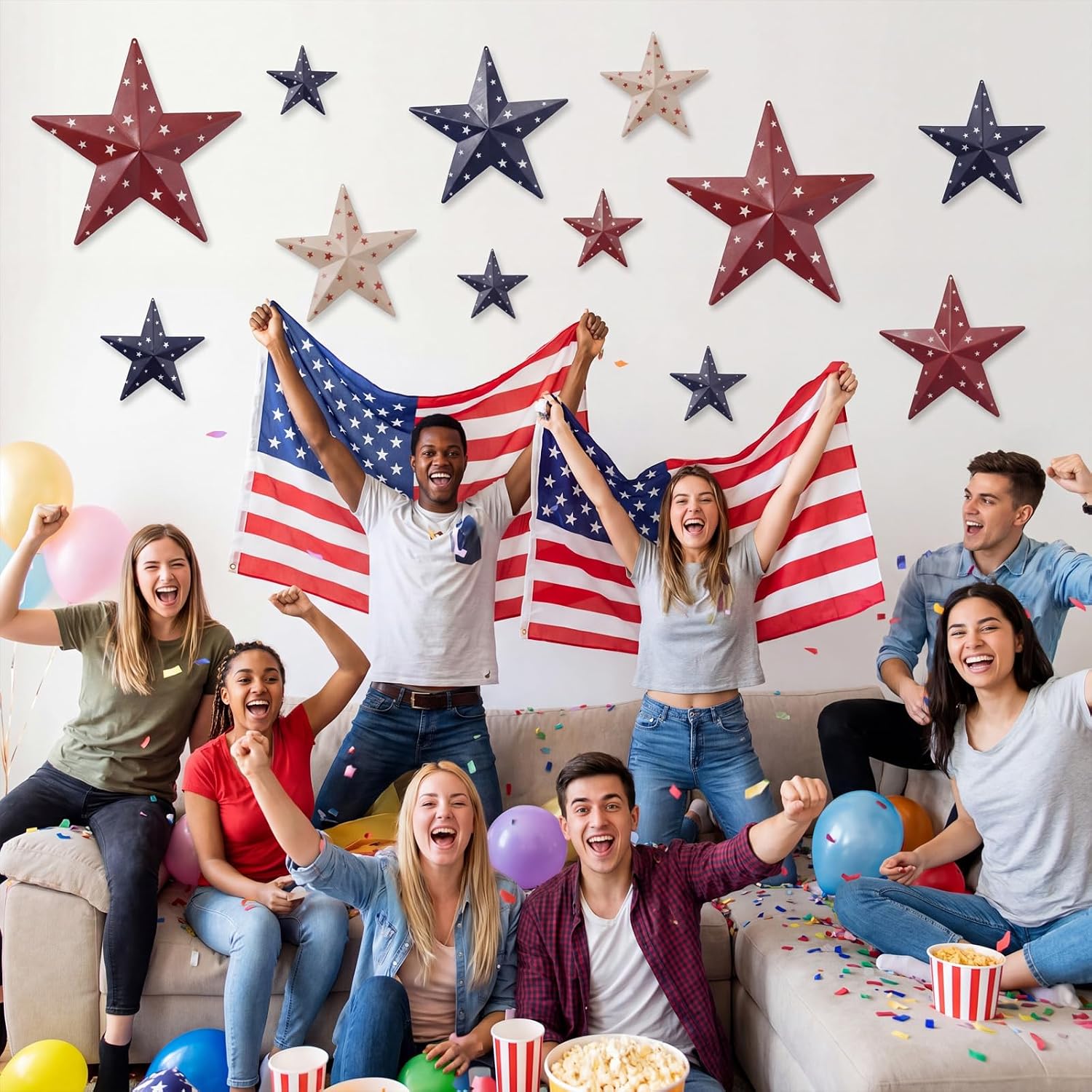 Hotop 9 Pcs 4/8/12 Inch Metal Barn Stars Wall Decor Rustic Vintage Western Farmhouse Decoration Hanging Iron Star Art for Crafts Home Independence Day Indoor Outdoor (Red Blue White,Bright)