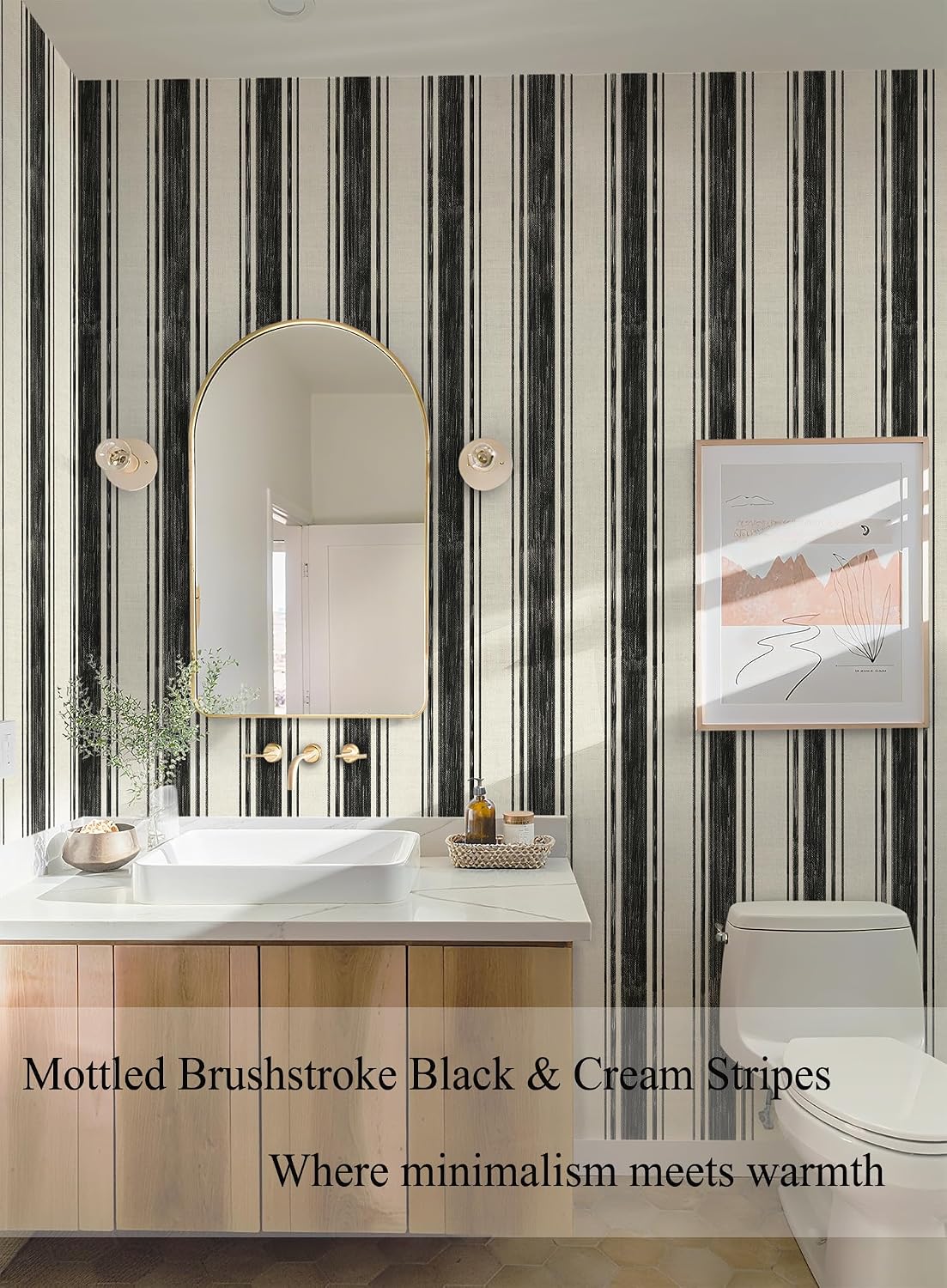 Safiyya Black and Cream White Hand-Painted Striped Wallpaper Peel and Stick Contact Paper 17.3"×393" Beige Vintage Wall Paper Self Adhesive Removable Wallpaper for Bedroom Bathroom Decorative Vinyl