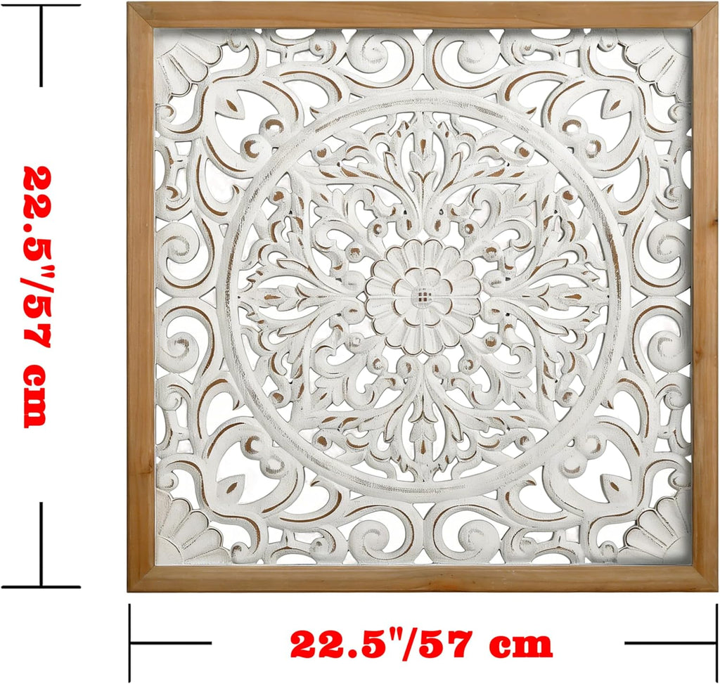 XIAOAIKA Boho Carved Wood Wall Sculpture, Intricate Floral Mandala Design with Distressed White Finish, Vintage Farmhouse Wall Art Panel with Solid Wood Frame for Bedroom Entryway (22.5" x 22.5")