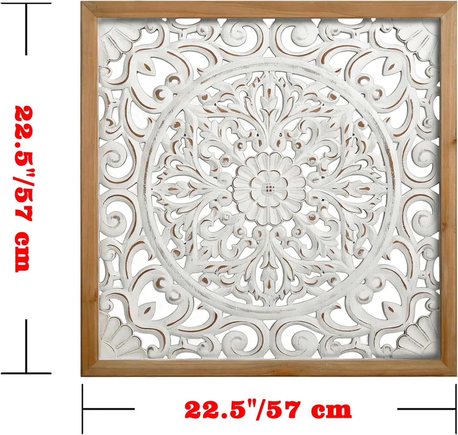 XIAOAIKA Boho Carved Wood Wall Sculpture, Intricate Floral Mandala Design with Distressed White Finish, Vintage Farmhouse Wall Art Panel with Solid Wood Frame for Bedroom Entryway (22.5" x 22.5")
