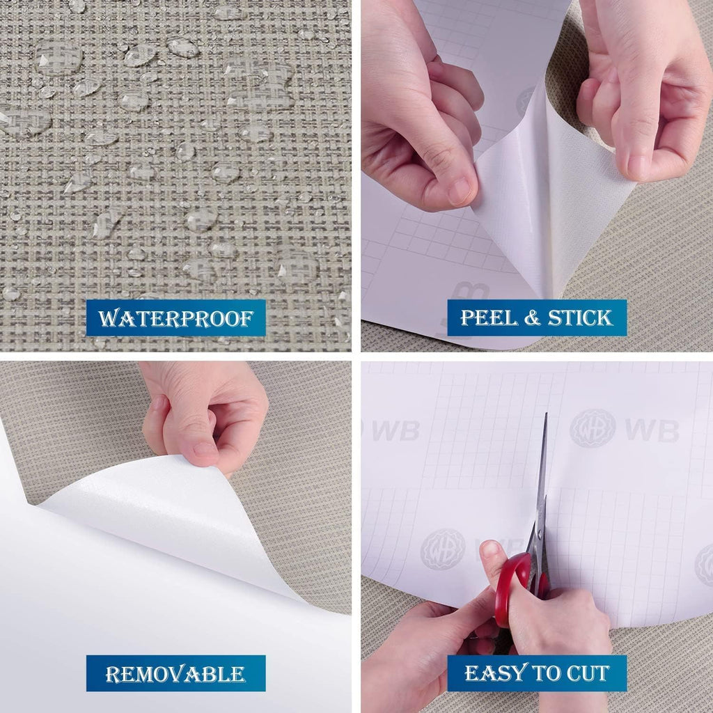 FunStick 24"x200" Grey Grasscloth Peel and Stick Wallpaper for Bathroom Waterproof Linen Fabric Wall Paper Textured Self Adhesive Geometric Wallpaper Removable Contact Paper for Cabinets Walls Drawers