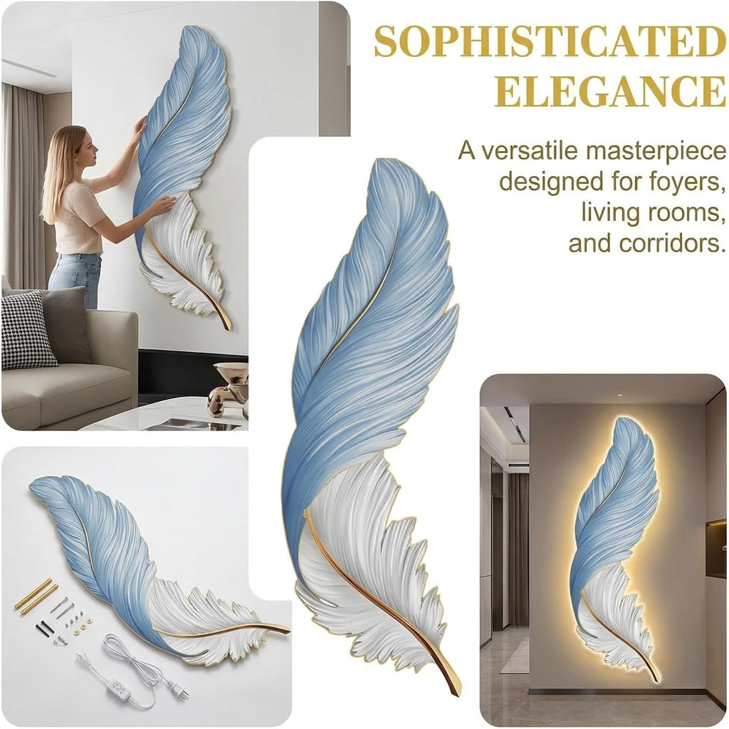 wihgony 3D Feather LED Wall Art with Plug-in Lighting, Modern Luxury Wall Decor for Entryway, Living Room & Bedroom(A,42x80cm/16.5x31.5in)