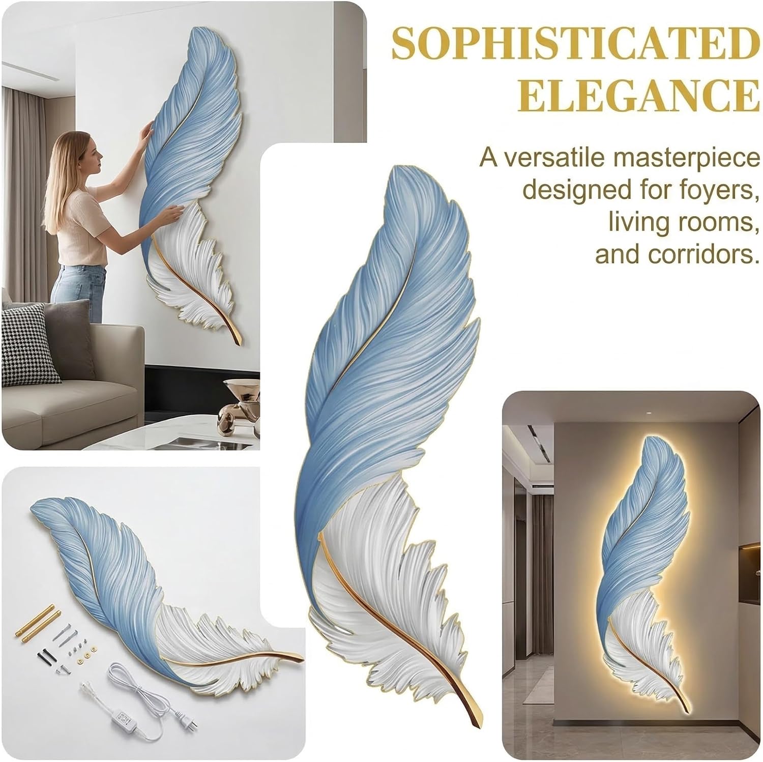 wihgony 3D Feather LED Wall Art with Plug-in Lighting, Modern Luxury Wall Decor for Entryway, Living Room & Bedroom(A,42x80cm/16.5x31.5in)