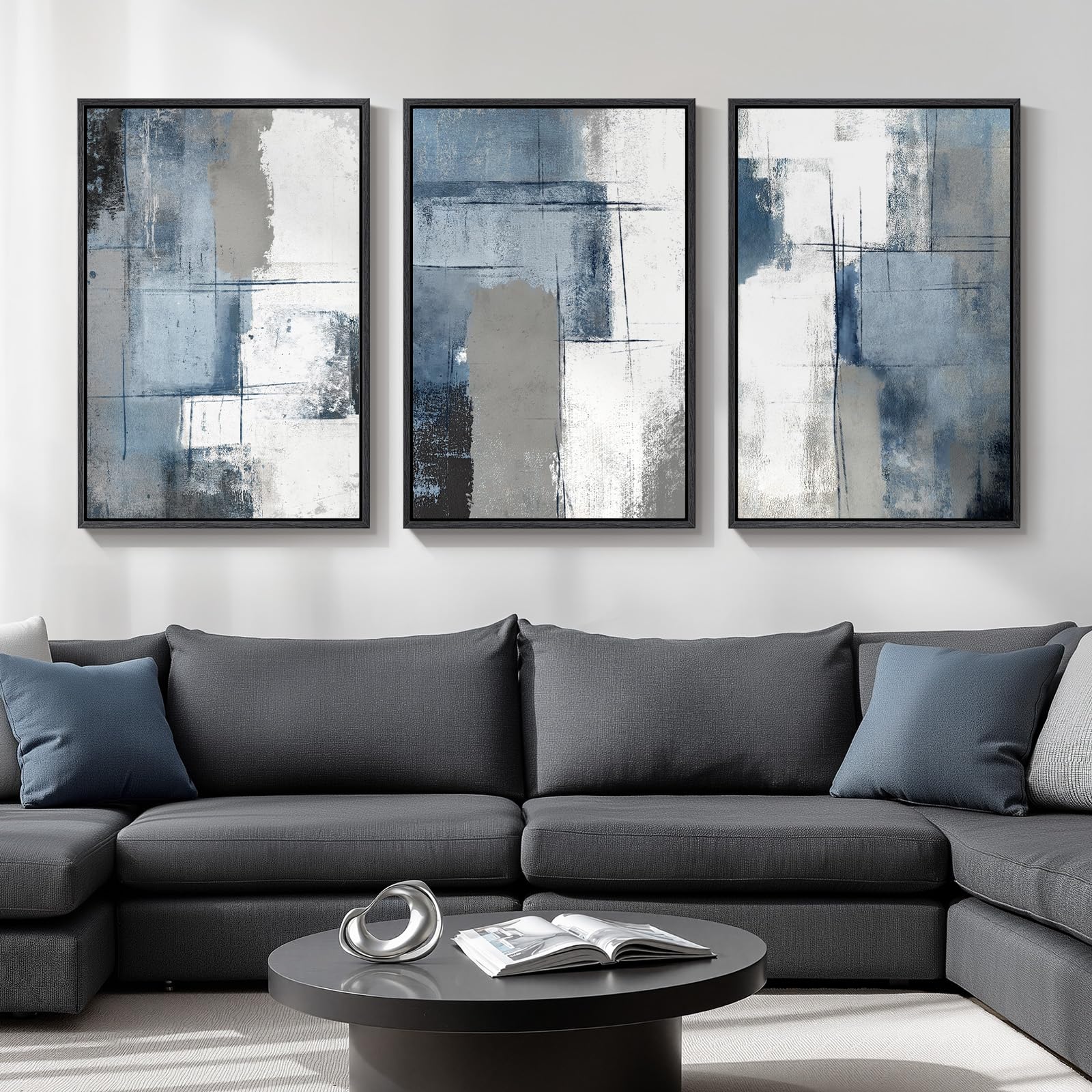Large Framed Modern Elegant Abstract Wall Art for Living Room, 3 Piece Contemporary Blue and Gold Bright Prints Paintings Artwork for Walls, Luxury Pictures for Hallway Home Office Wall Decor 24x36 In